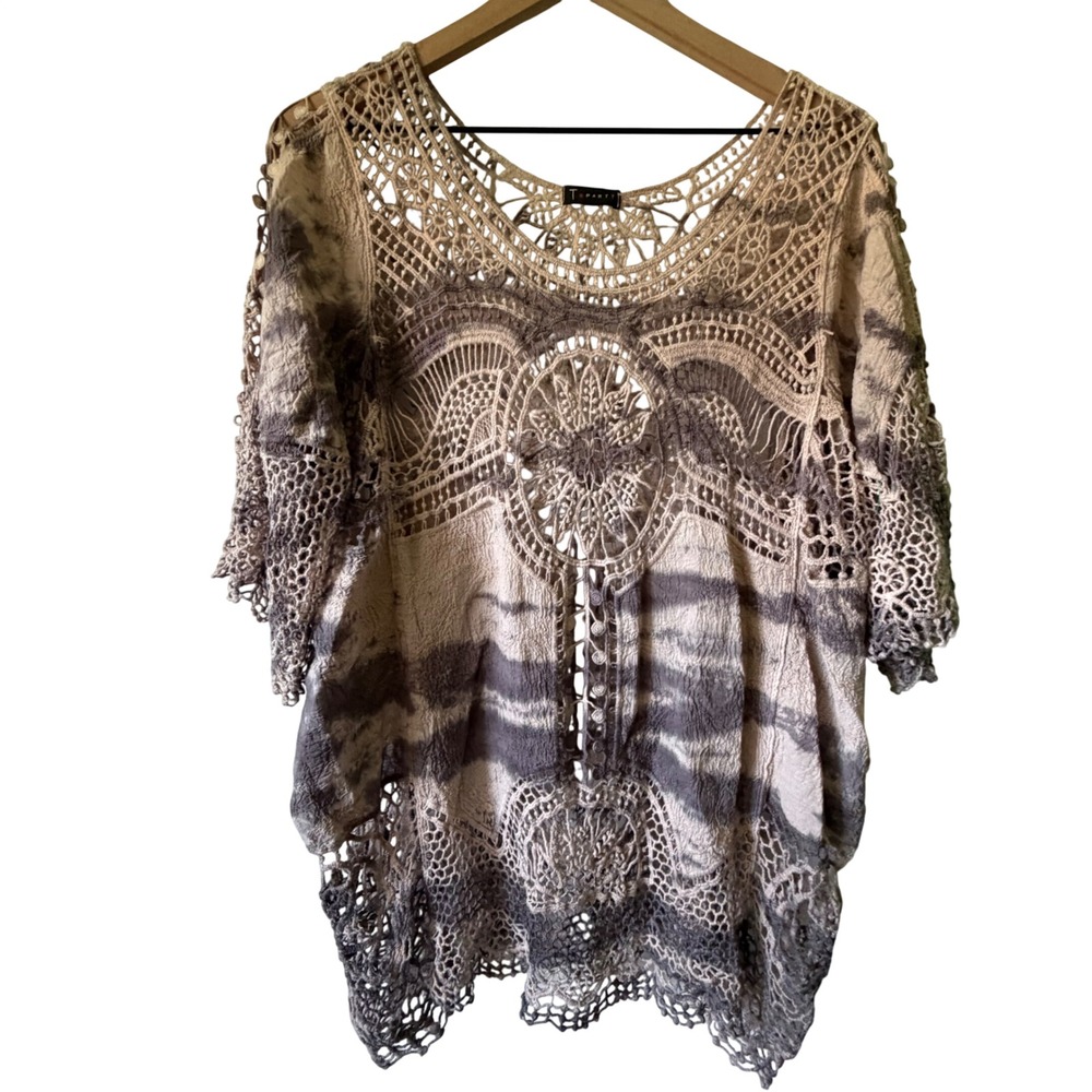 T-Party Crochet Tie Dye Top‎ Womens large Cream  Boho Lace Poncho